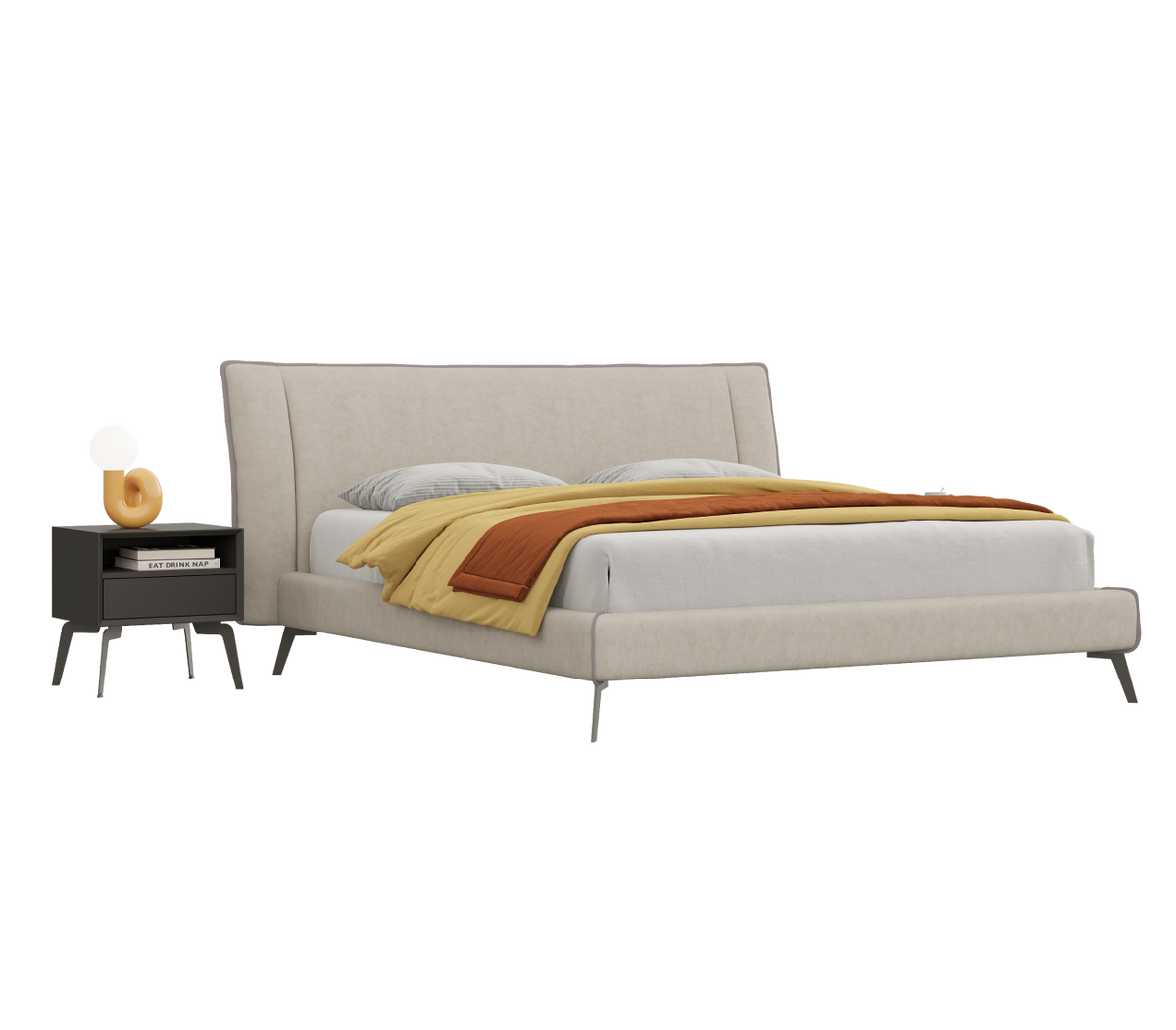 Beige upholstered bed with a yellow blanket on a white background