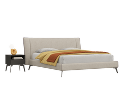 Beige upholstered bed with a yellow blanket on a white background