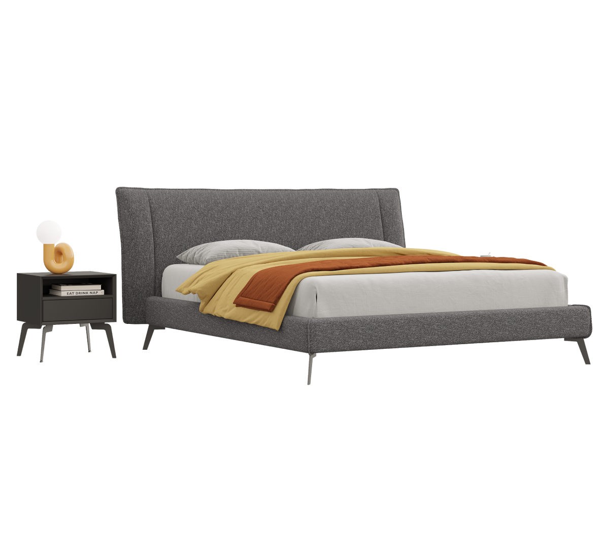 Gray upholstered bed with a nightstand on a white background