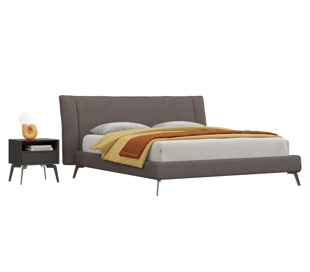 Modern bed with gray upholstered headboard and white mattress on a white background