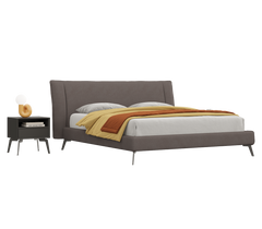 Modern bed with gray upholstered headboard and white mattress on a white background