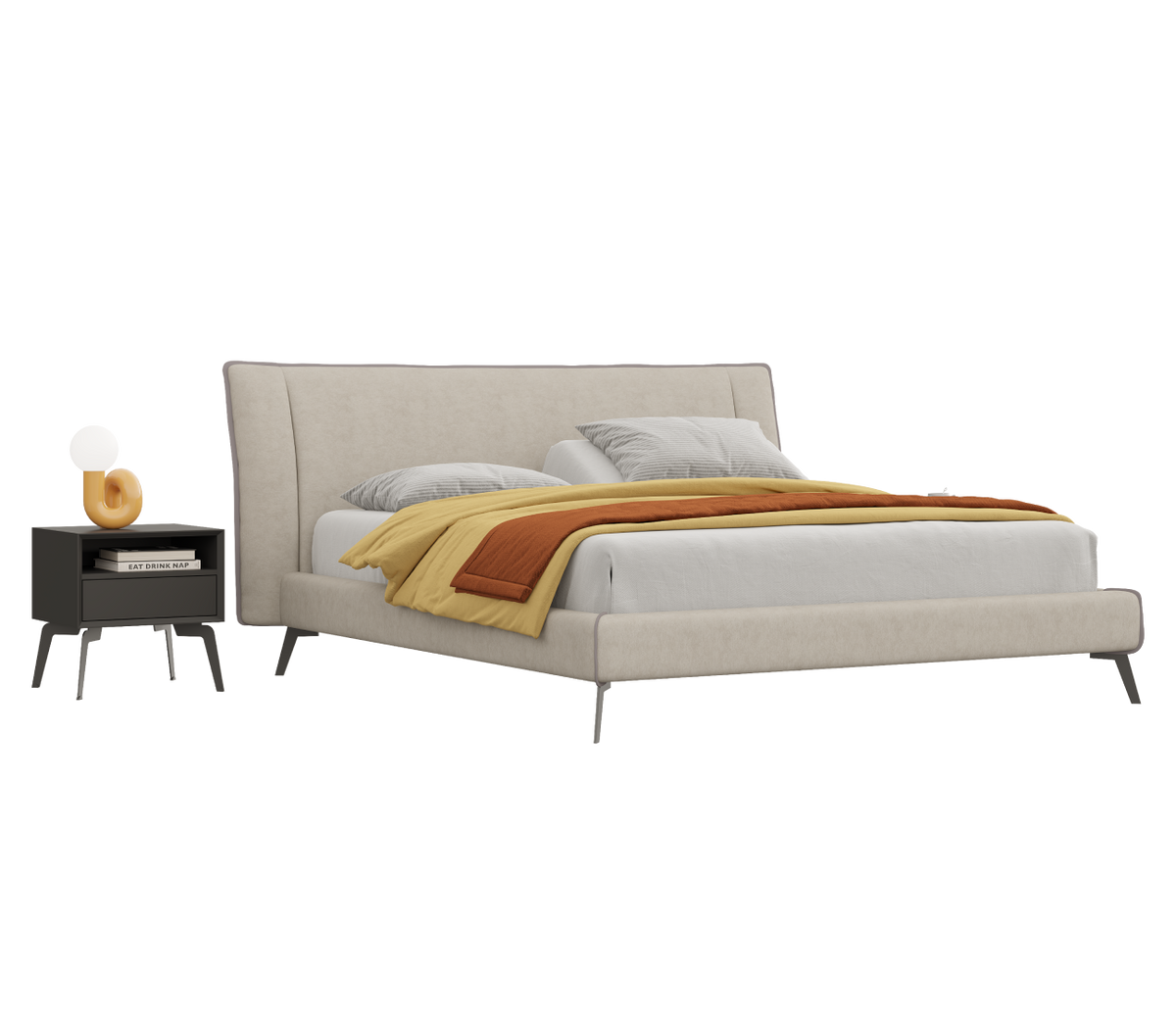 Beige upholstered bed with a nightstand on a white background