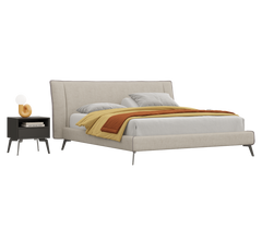 Beige upholstered bed with a nightstand on a white background