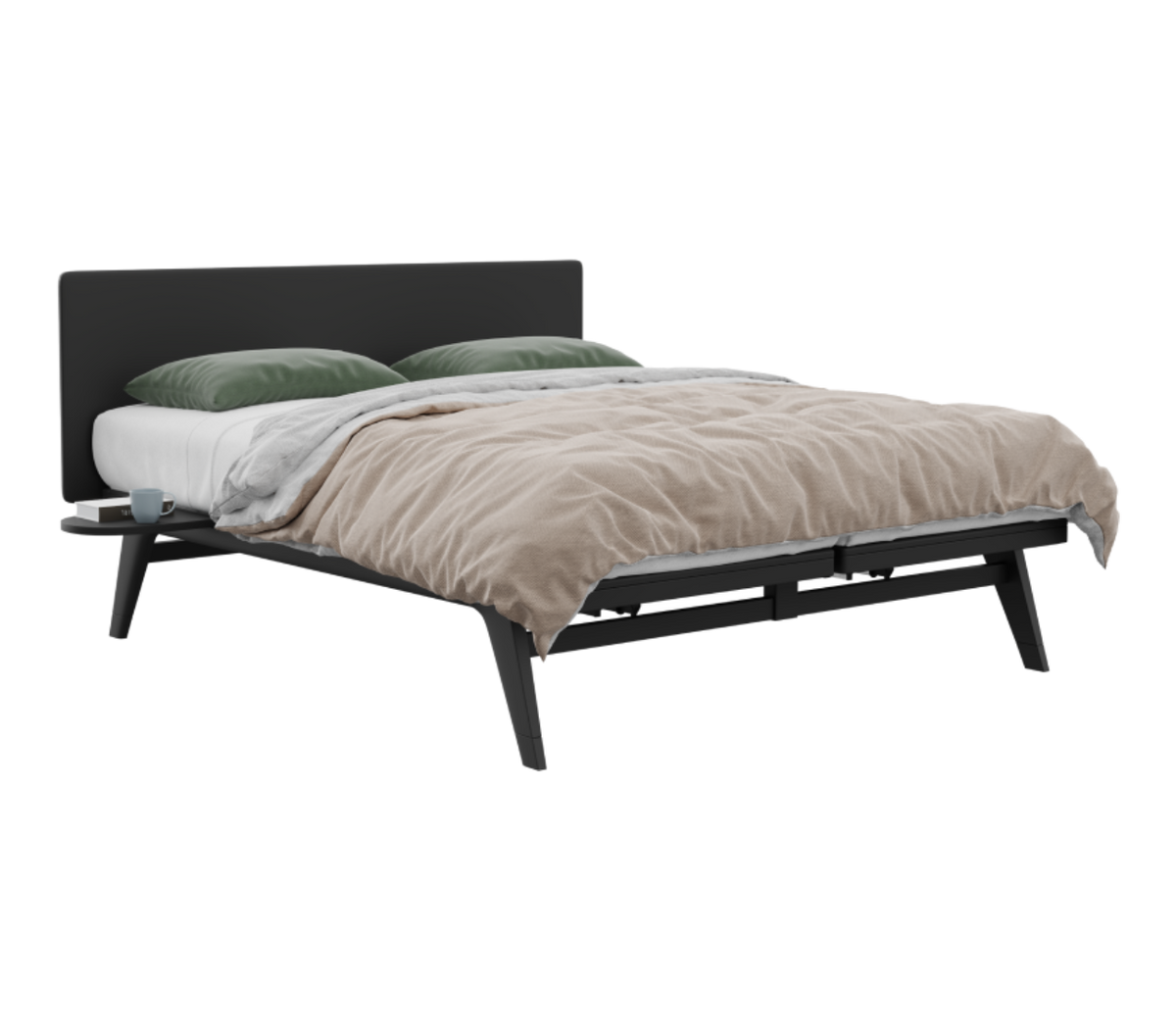 Modern bed with black frame, beige comforter, and green pillows on a white background