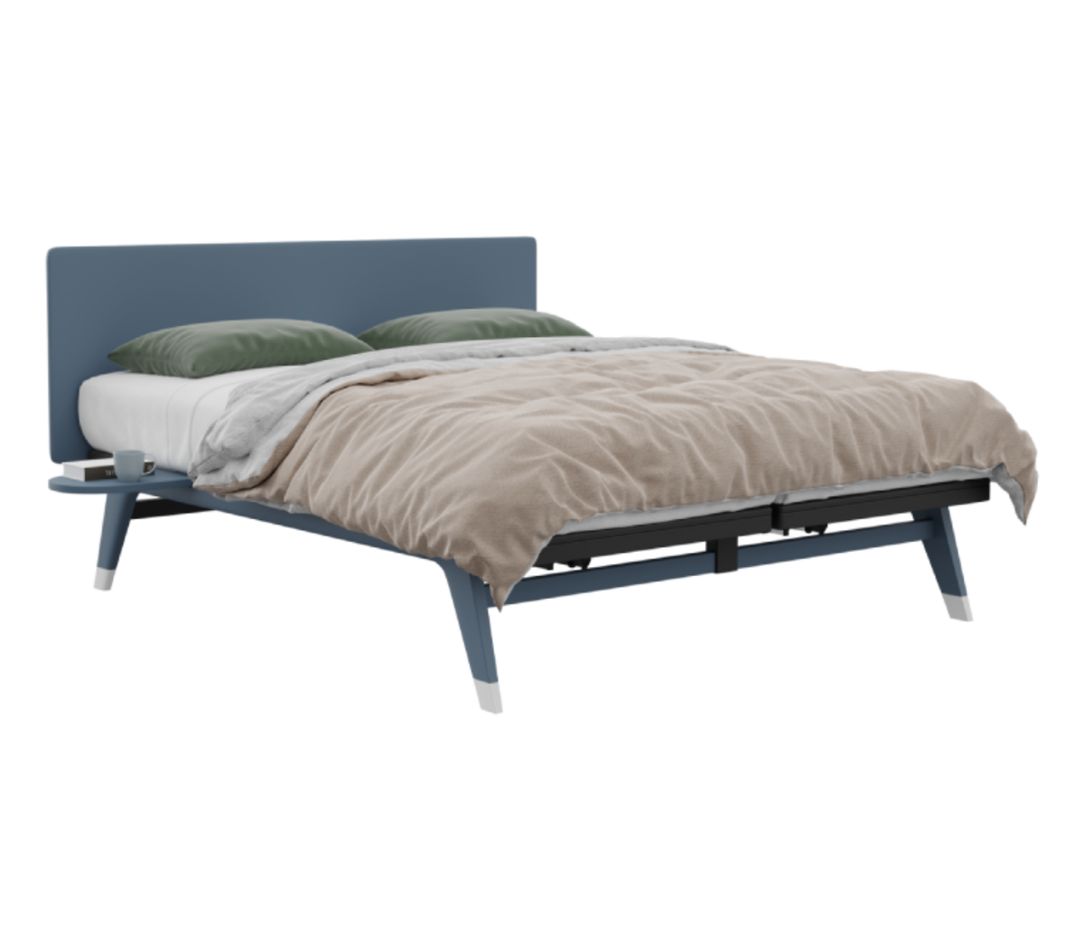 Blue bed frame with beige blanket and green pillows on a white background
