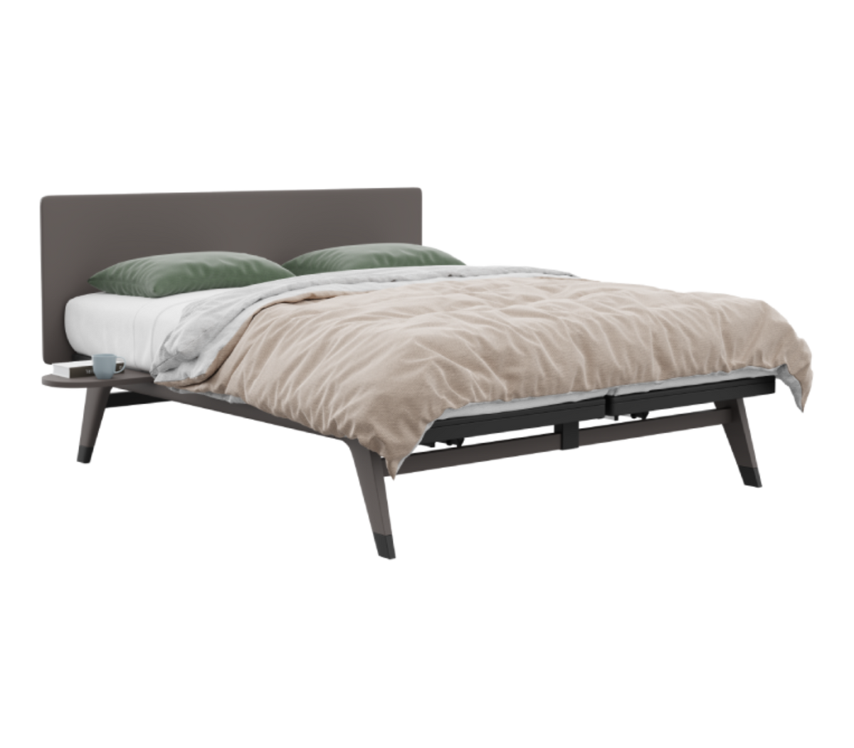 Bed with beige comforter and green pillows on a white background