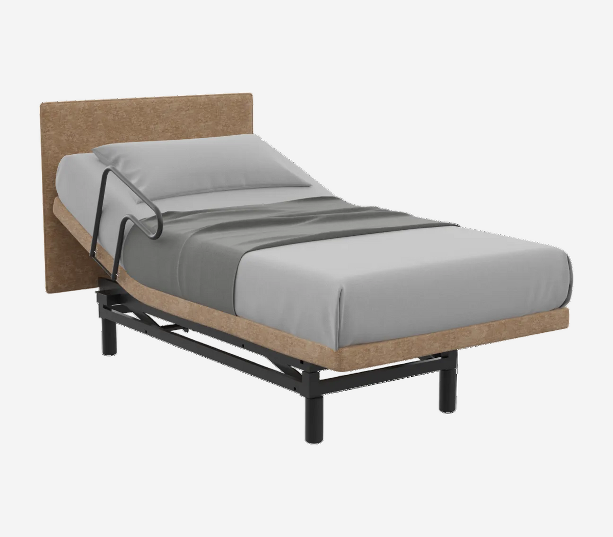 Champion Lift Bed with adjustable headboard and gray bedding on a white background