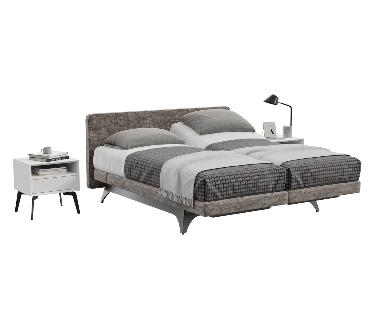 Modern bedroom set with a Champion Support bed, nightstands, and lamp on a white background