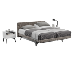 Modern bedroom set with a Champion Support bed, nightstands, and lamp on a white background