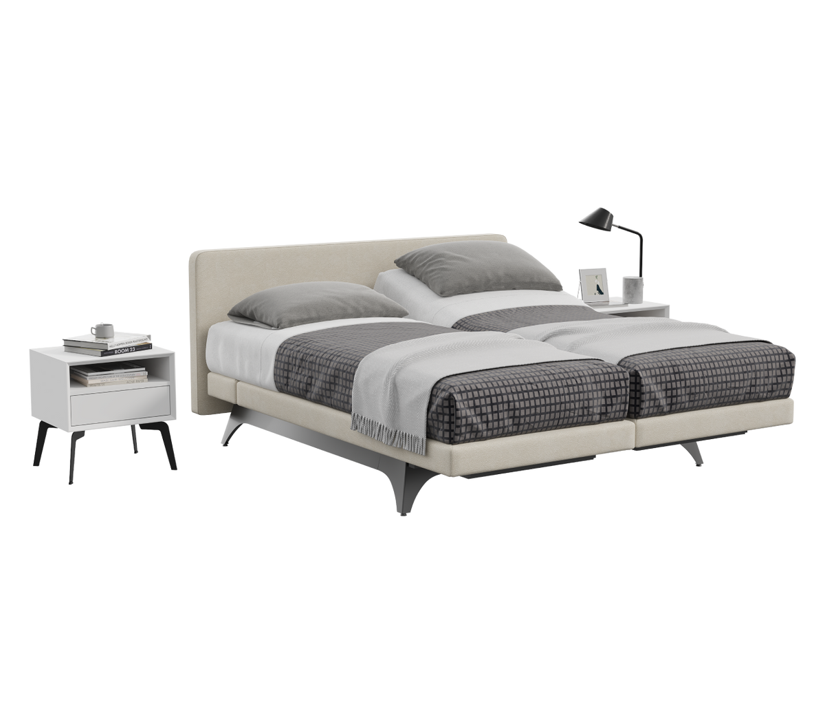 Modern bedroom set with a Champion Support bed, nightstands, and lamp on a white background
