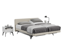 Modern bedroom set with a Champion Support bed, nightstands, and lamp on a white background