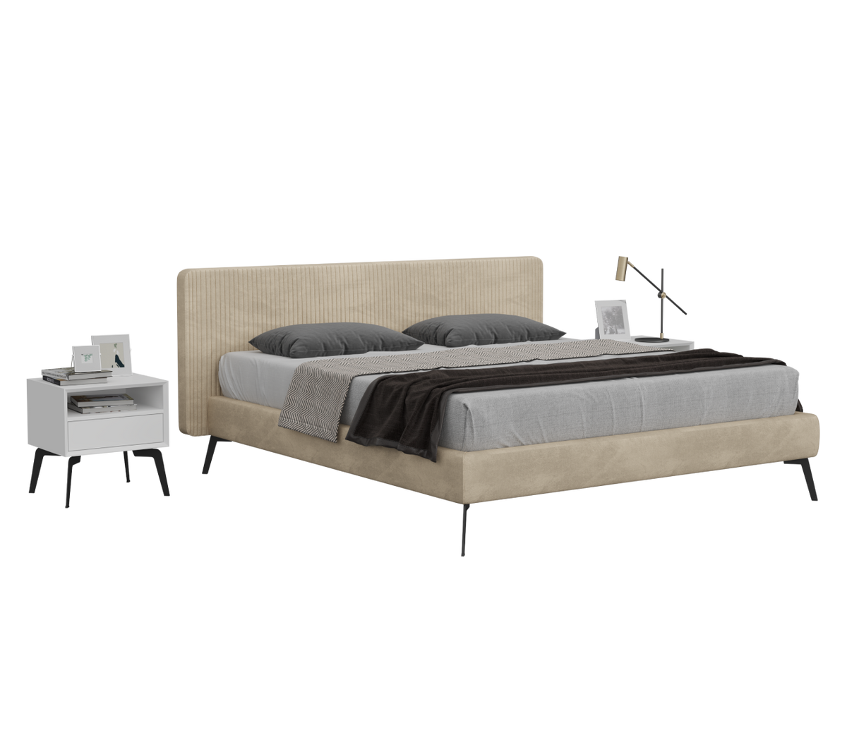 Beige bed with gray bedding and nightstand on a white background