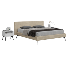Beige bed with gray bedding and nightstand on a white background