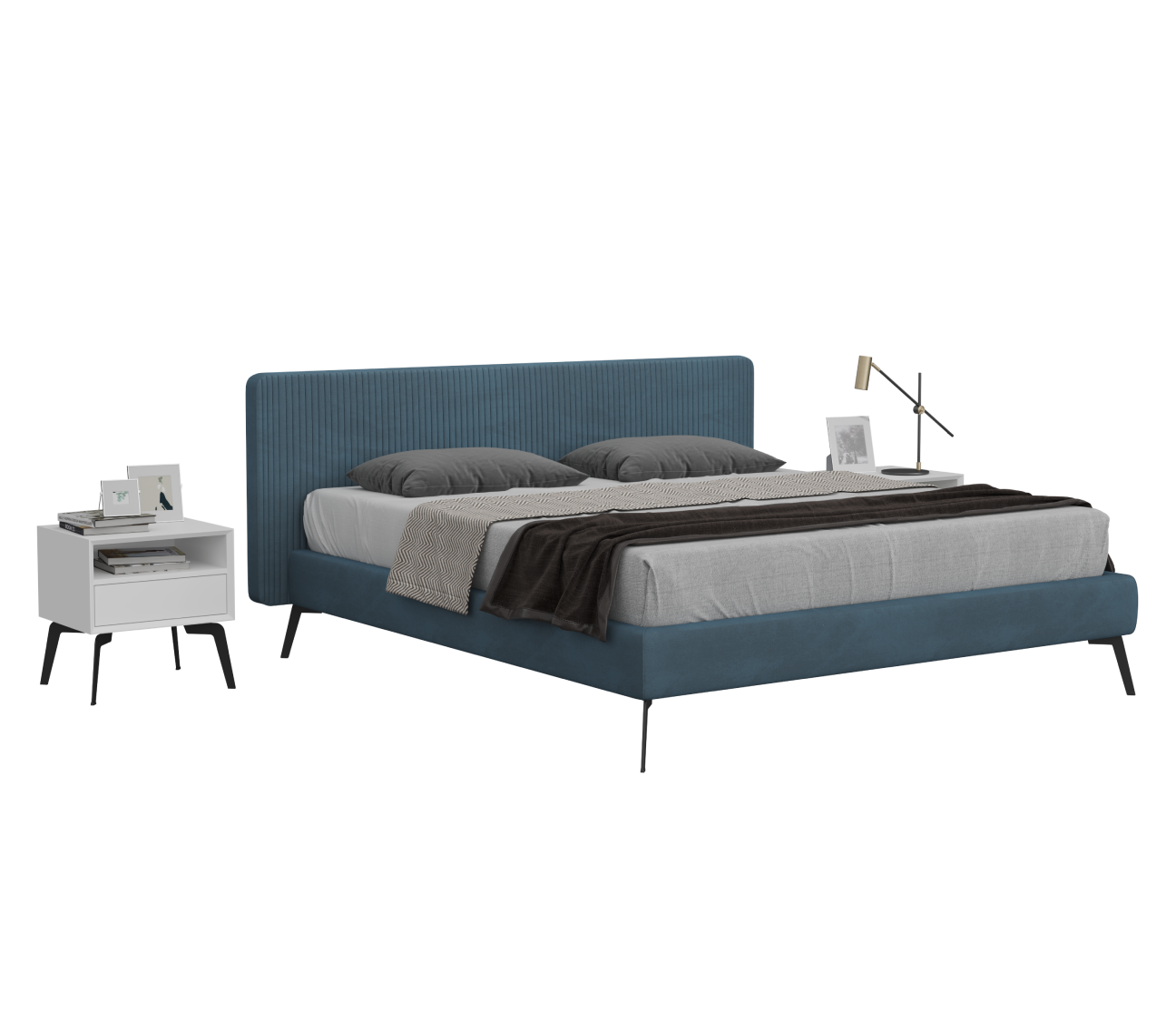 Blue upholstered bed with blue bedding and a nightstand on a white background