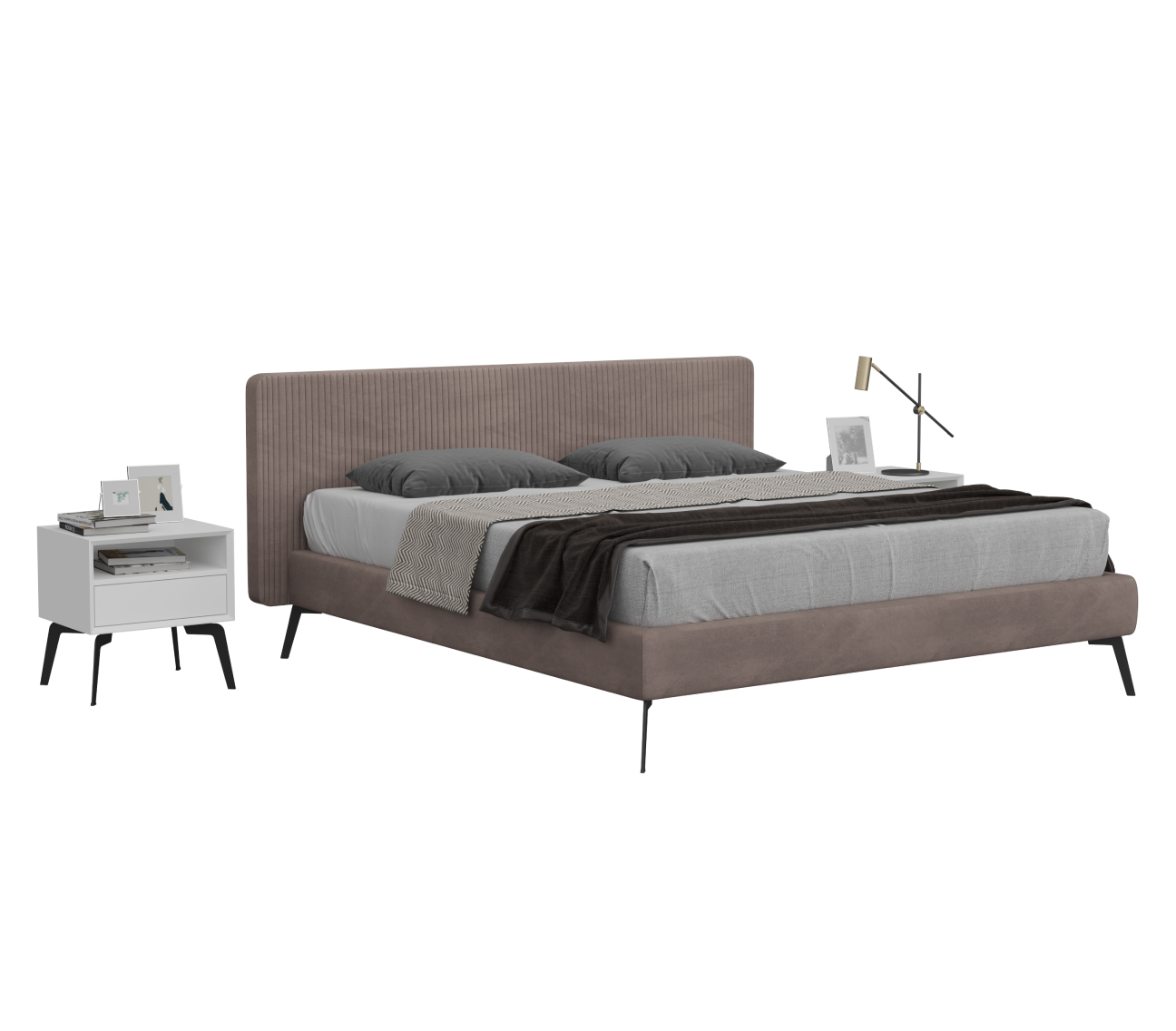Modern bed with brown upholstered headboard and gray bedding on a white background