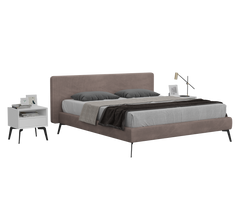 Modern bed with brown upholstered headboard and gray bedding on a white background