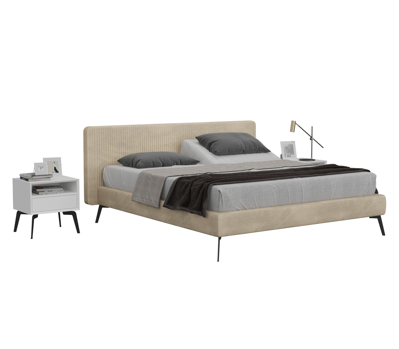 Beige bed with gray bedding and nightstand on a white background