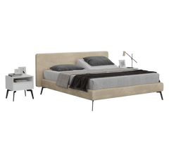Beige bed with gray bedding and nightstand on a white background