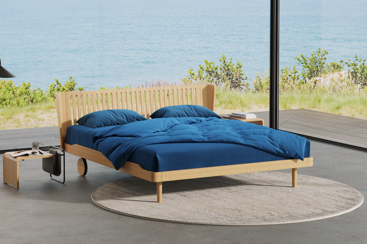 wooden Noa bed in a room with beach background