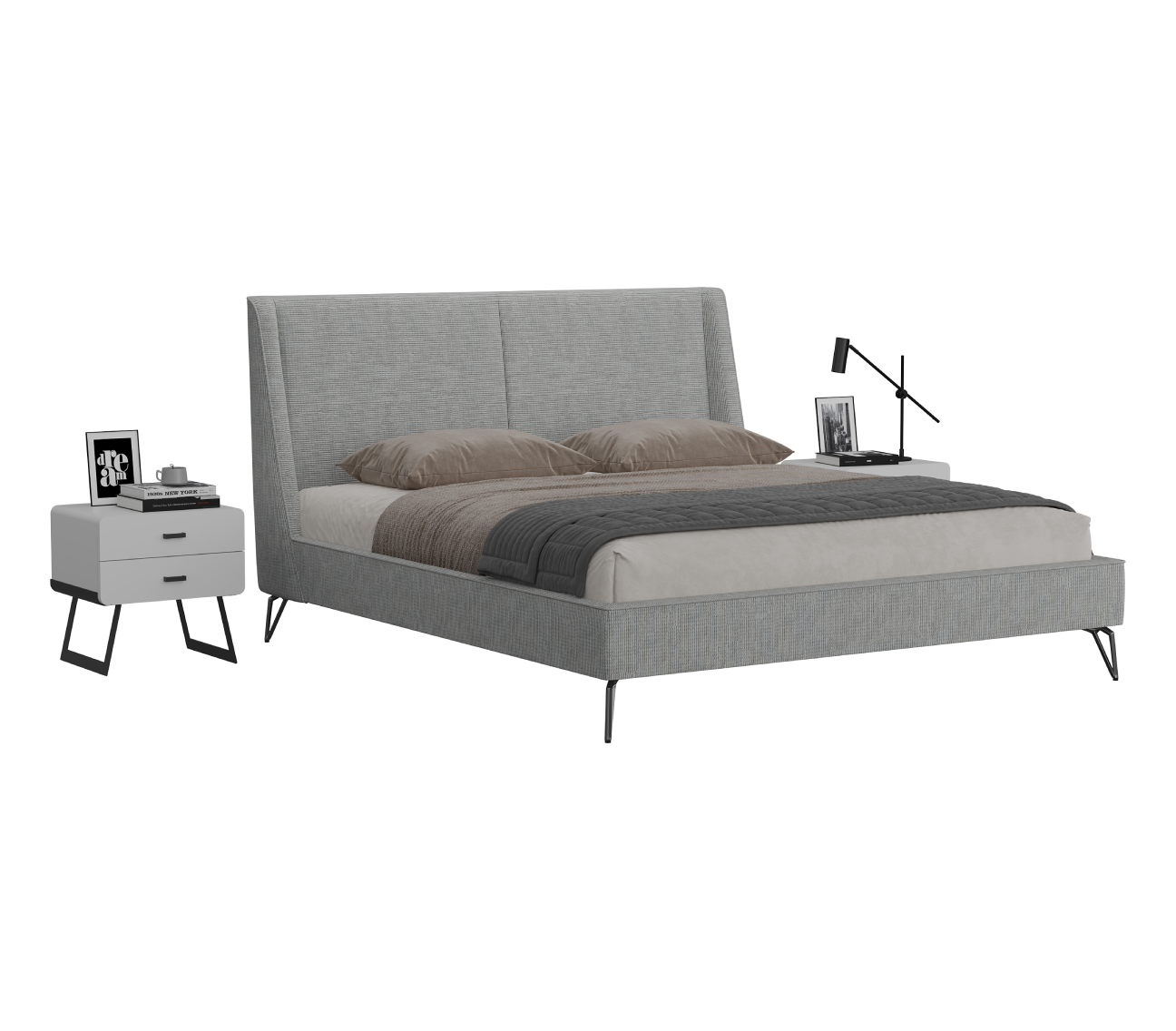 Gray upholstered bed with nightstands and lamps on a white background