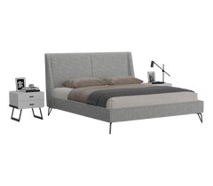 Gray upholstered bed with nightstands and lamps on a white background