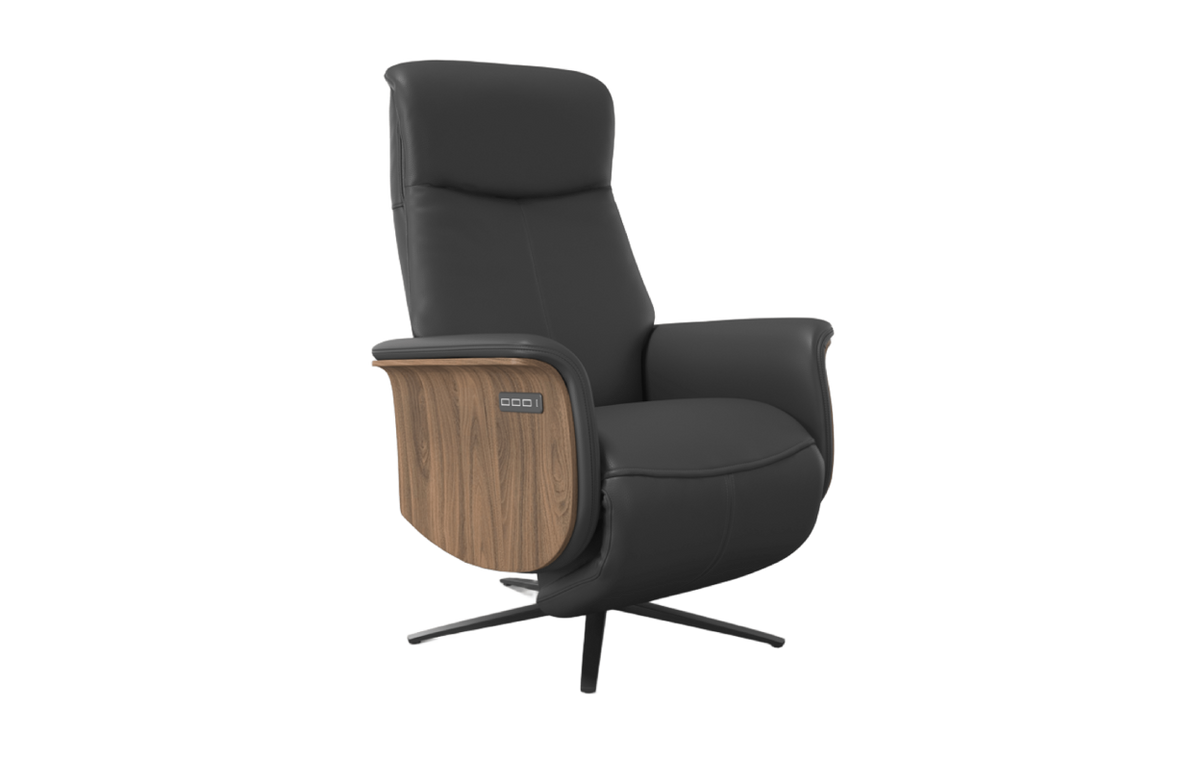 Black recliner chair with wooden armrests on a white background