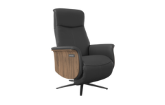 Black recliner chair with wooden armrests on a white background