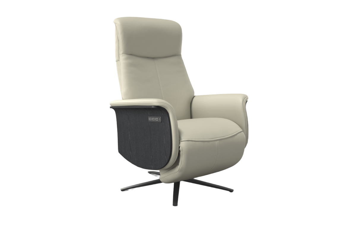 Beige recliner chair with a black base on a white background