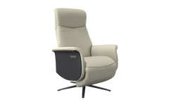 Beige recliner chair with a black base on a white background