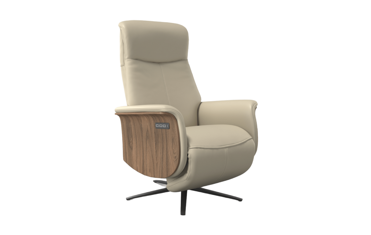 Beige recliner chair with wooden armrest on a white background