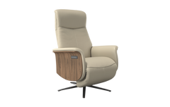 Beige recliner chair with wooden armrest on a white background