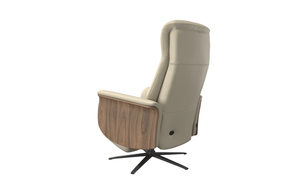 Beige recliner chair with wooden armrest on a white background