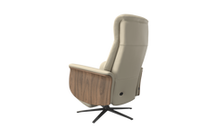 Beige recliner chair with wooden armrest on a white background