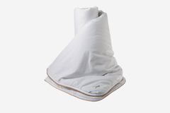 White blanket with brown trim on a white background
