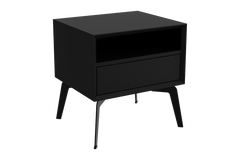 Black nightstand with a drawer on a white background