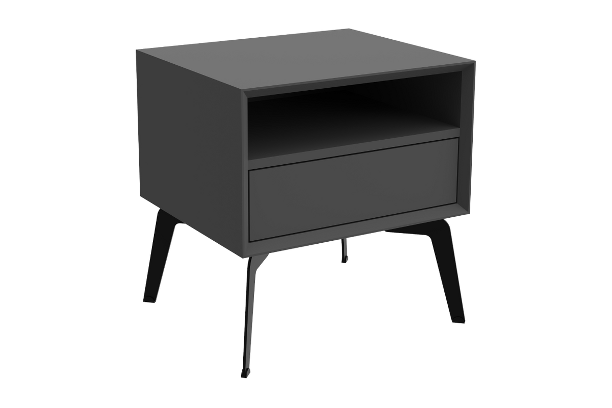 Gray nightstand with a drawer on a white background