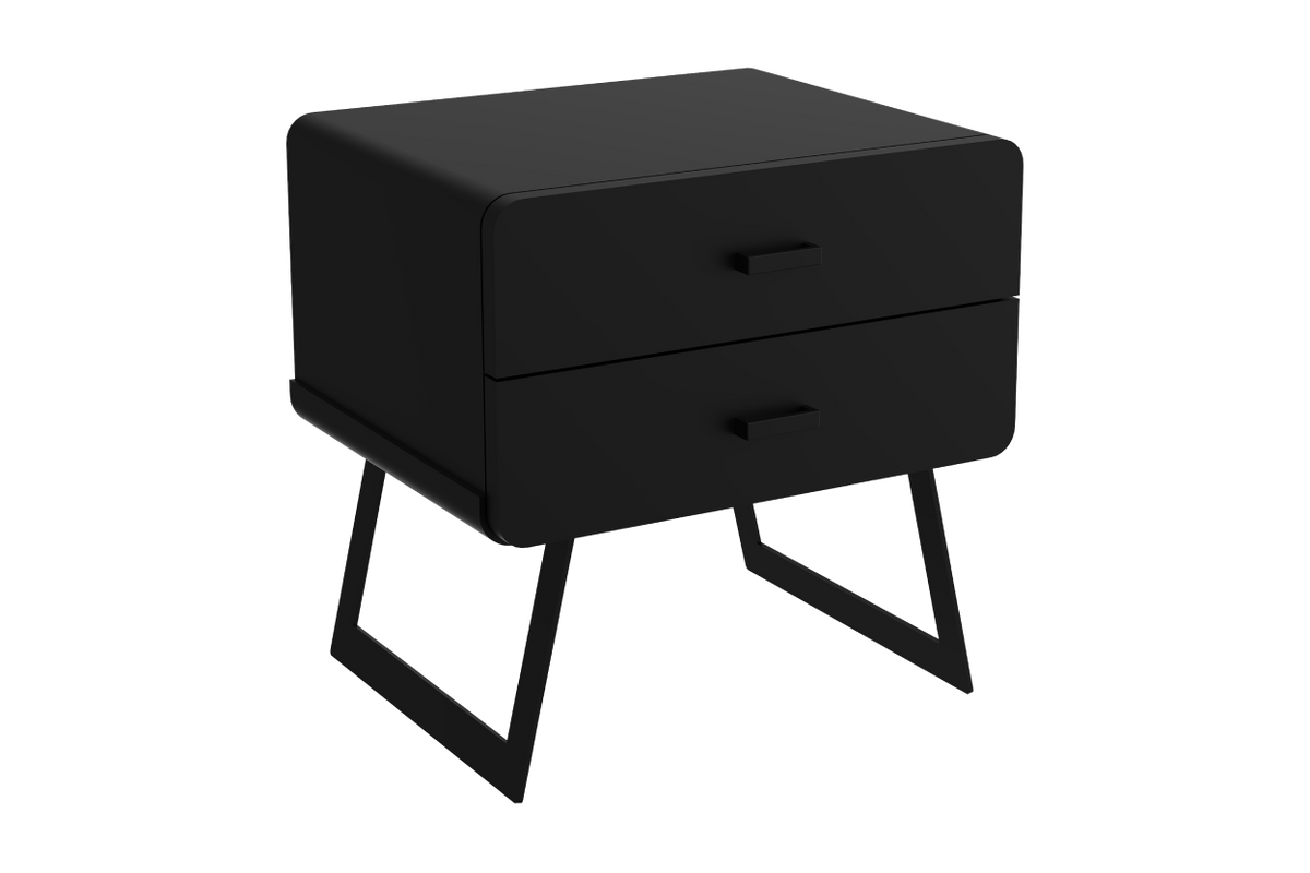 Black nightstand with two drawers on a white background