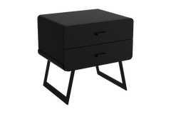 Black nightstand with two drawers on a white background