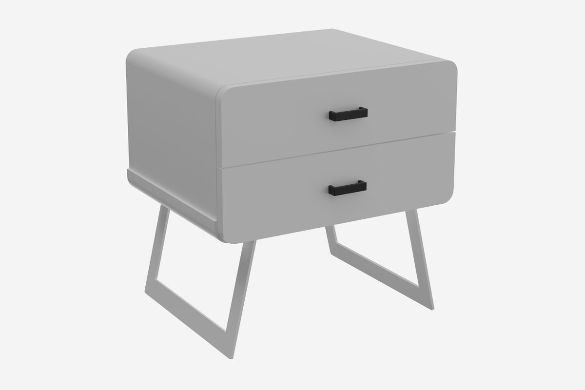 white nightstand with two drawers on a white background