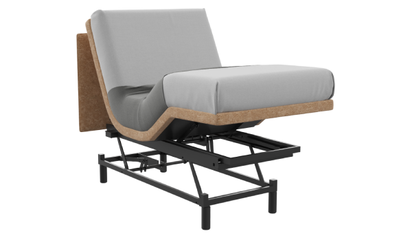 Gray recliner chair with wooden armrests on a white background