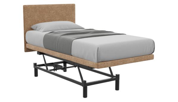 Bed with wicker headboard and metal frame on a white background