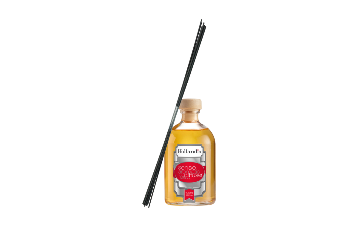 Reed diffuser with black sticks leaning on a glass bottle on a white background