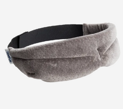 Gray sleep mask with a black strap on a white background