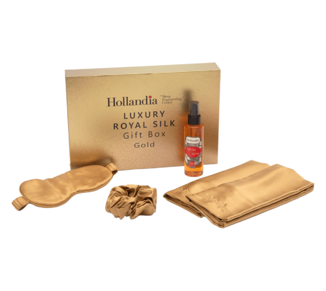 Hollandia Luxury Royal Silk gift set with silk mask, pouch, and oil on a white background