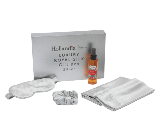 Hollandia Luxury Royal Silk gift set with silk eye mask, hair tie, and sheet on a white background
