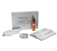 Hollandia Luxury Royal Silk gift set with silk eye mask, hair tie, and sheet on a white background