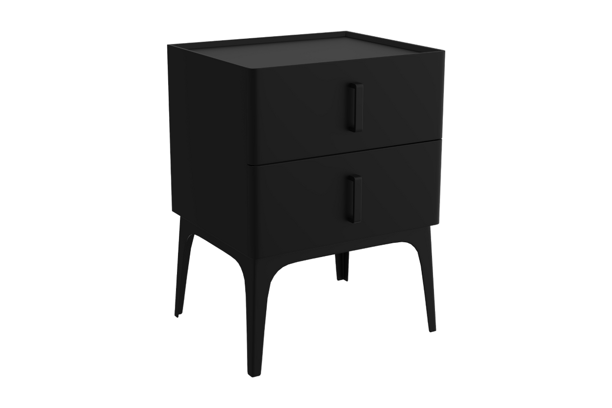 Black nightstand with black legs and handles on a white background
