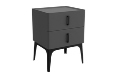 Gray nightstand with black legs and handles on a white background