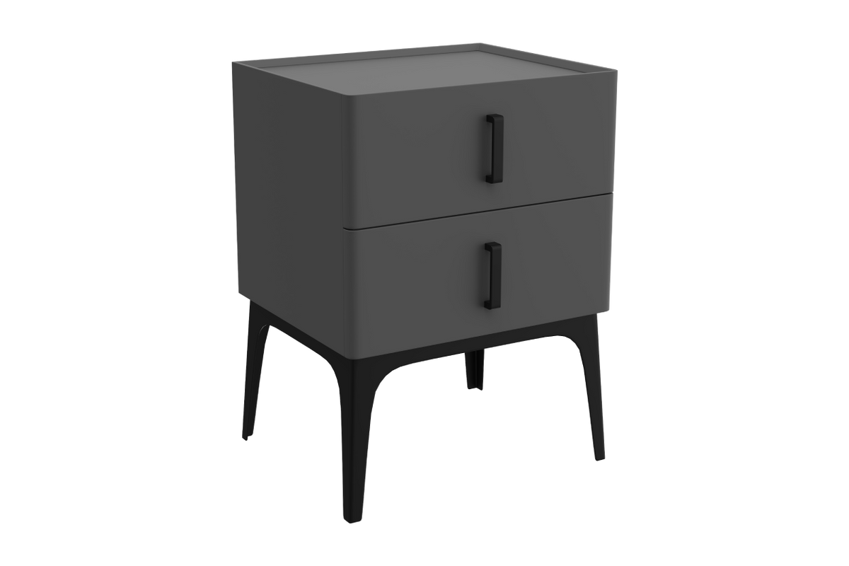 Gray nightstand with black legs and handles on a white background