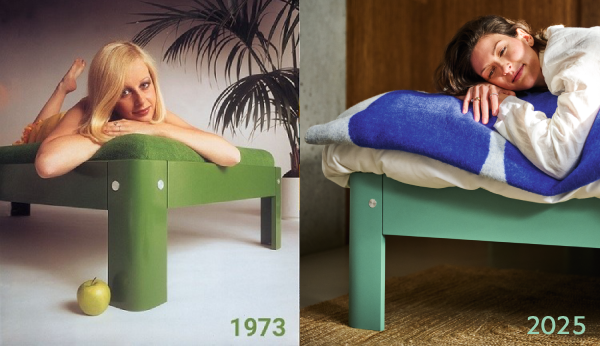 Two women lying on modern beds from 1973 and 2025, with a comparison of design styles.